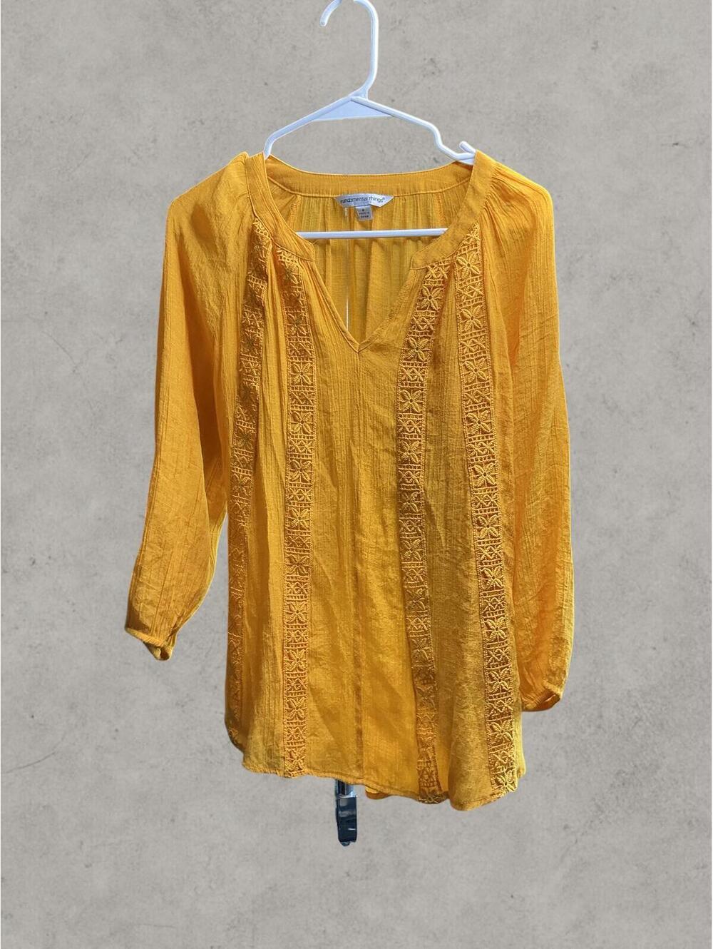 Fundamental Things Boho Sheer Embroidered Yellow Top Size S